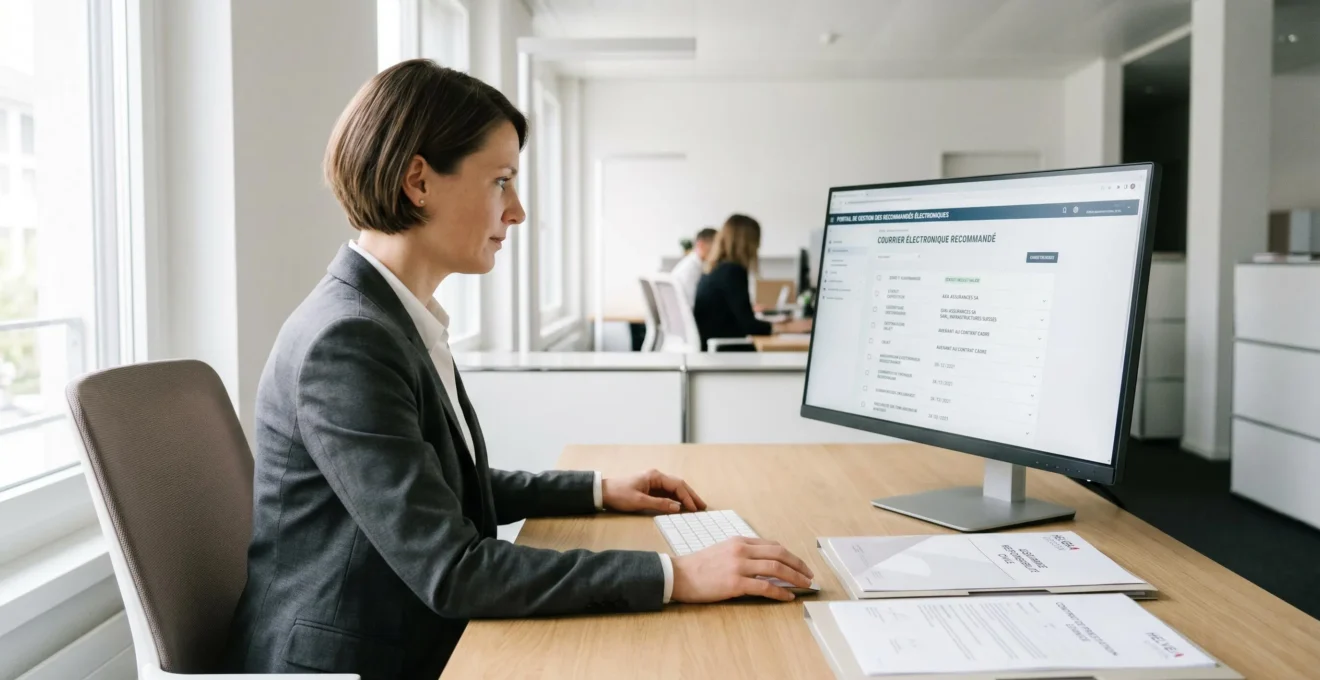 Gestionnaire administrative consultant l'interface d'envoi de LRAR électronique sur son ordinateur dans un bureau contemporain épuré