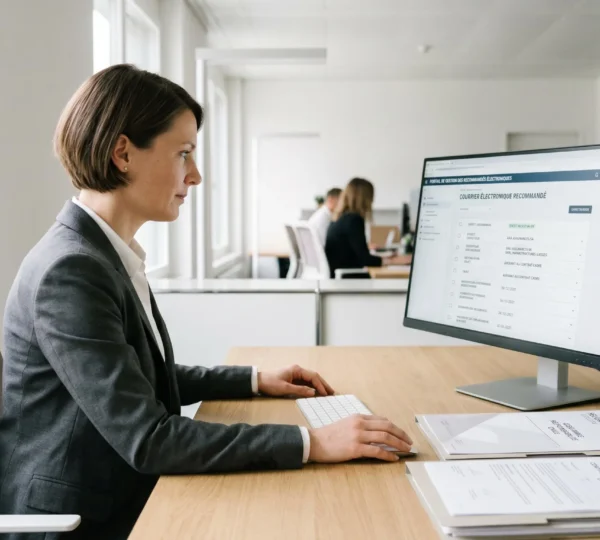 Gestionnaire administrative consultant l'interface d'envoi de LRAR électronique sur son ordinateur dans un bureau contemporain épuré
