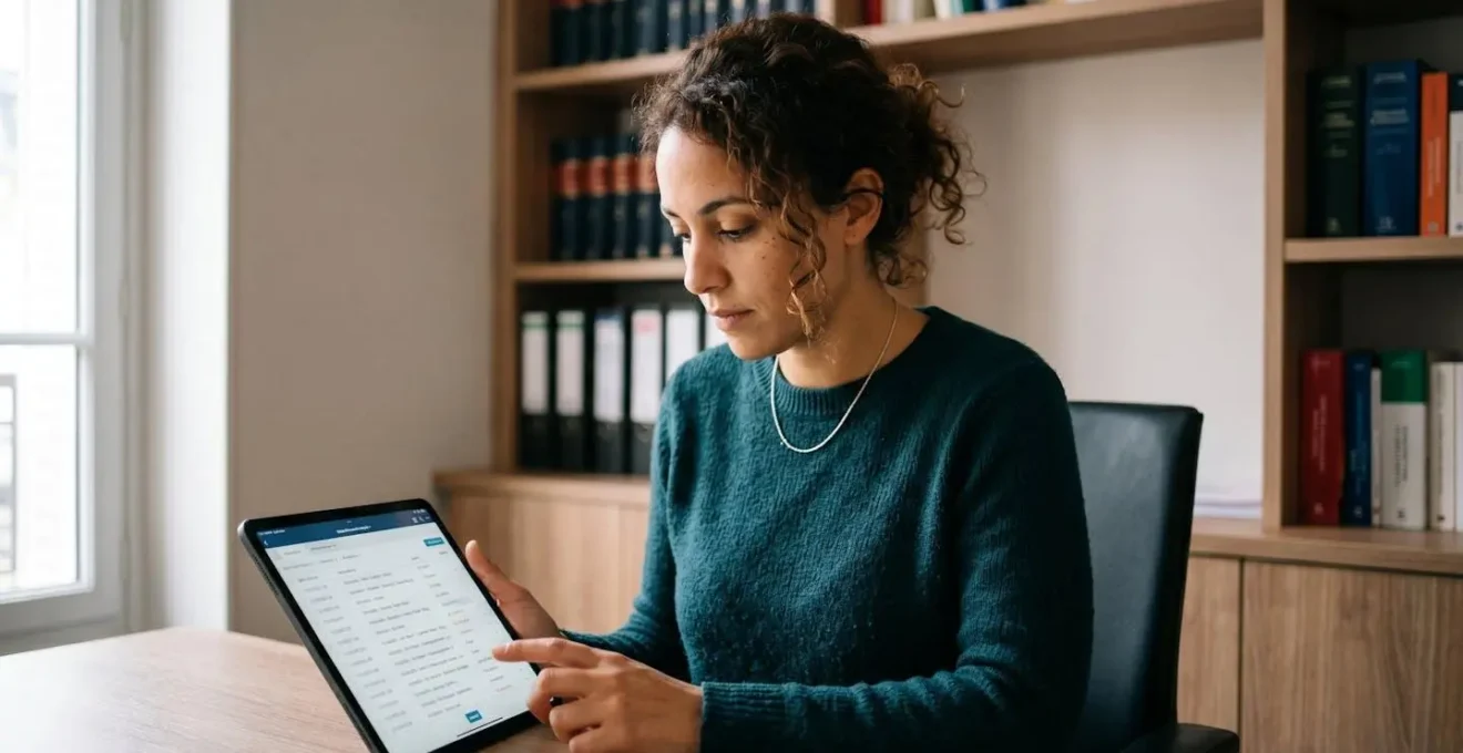 Professionnel du droit consultant sur tablette une interface d'archivage numérique sécurisé affichant des recommandés électroniques envoyés avec leurs accusés de réception et horodatages