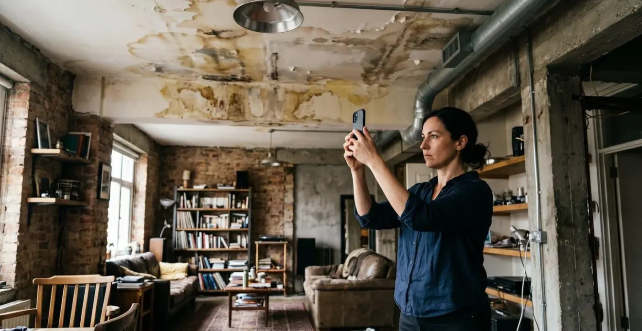 Propriétaire documentant un dégât des eaux avec son smartphone pour préparer sa déclaration de sinistre