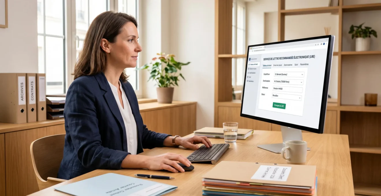 Responsable administratif utilisant une plateforme de recommandé électronique sur ordinateur dans un bureau moderne, avec documents de travail organisés sur le bureau et interface d'envoi visible à l'écran