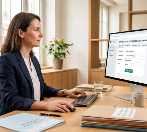 Responsable administratif utilisant une plateforme de recommandé électronique sur ordinateur dans un bureau moderne, avec documents de travail organisés sur le bureau et interface d'envoi visible à l'écran