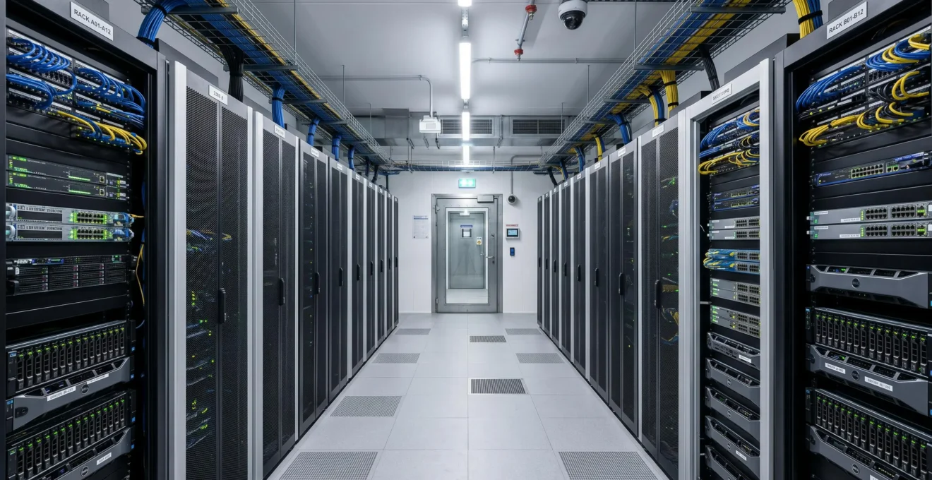 Salle serveur sécurisée d'un datacenter avec racks de serveurs en activité, câblage structuré et dispositifs de sécurité, illustrant l'infrastructure technique des prestataires certifiés eIDAS