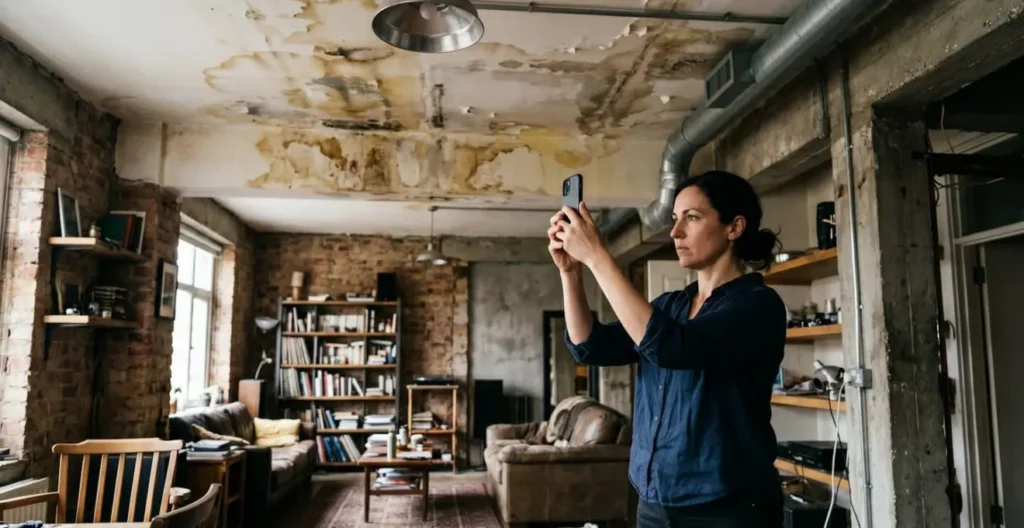 Propriétaire documentant un dégât des eaux avec son smartphone pour préparer sa déclaration de sinistre